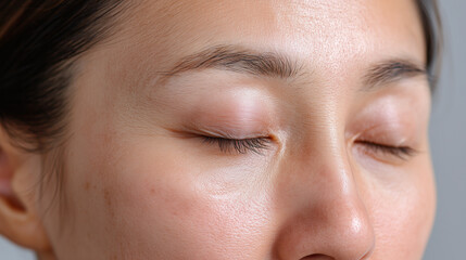 Fototapeta premium Close up of woman face with closed eyes showing smooth skin and faint under eye shadows, soft natural lighting highlights texture and calm expression