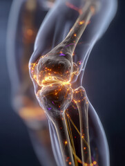 Detailed 3d visualization of the human knee joint highlighting nerves and connective tissues with glowing effects illustrating movement and pain points in a medical