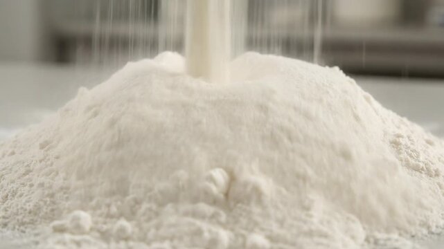 Close-up of flour pouring onto a pile for baking and cooking, perfect for culinary projects