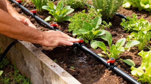 Hands installing a drip irrigation system along plant rows ensuring precise water delivery to roots in a backyard garden.