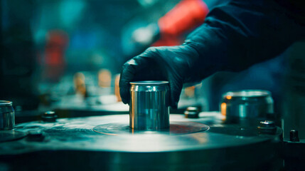 Worker wearing protective gloves handling empty aluminum can on modern automated assembly line in beverage packaging factory environment