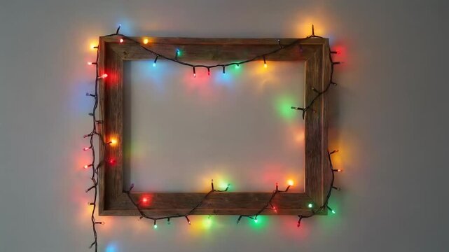 Colorful Christmas lights on a rustic wooden frame for festive home decor inspiration