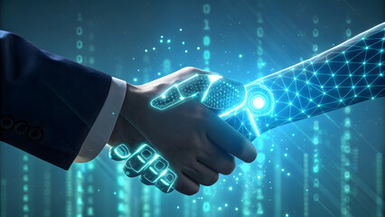 Human Hand Shaking Glowing Robotic Hand in Cyber Interface