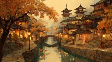 Mystical Riverside Village with Ancient Chinese Architecture at Autumn Sunset