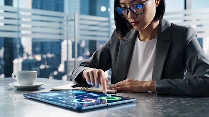 Businesswoman analyzes data charts on tablet at office desk. Woman reviews digital analytics on tablet screen. Business data analysis with tablet and notebook. Office work with digital charts. - Powered by Adobe