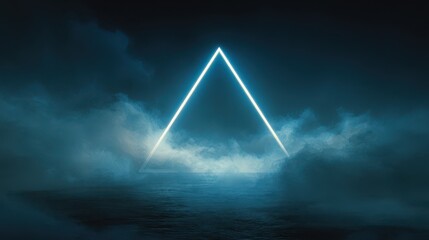 Neon triangle glow above a night backdrop with drifting clouds — surreal geometric artwork