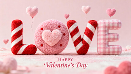 Valentine's Day decoration featuring plush letters spelling 'LOVE' with heart balloons and candy cane patterns on a soft pink background