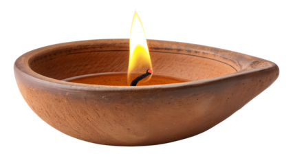 Traditional Indian Clay Diya Oil Lamp with Burning Wick - Deepavali and Diwali Festival Decoration