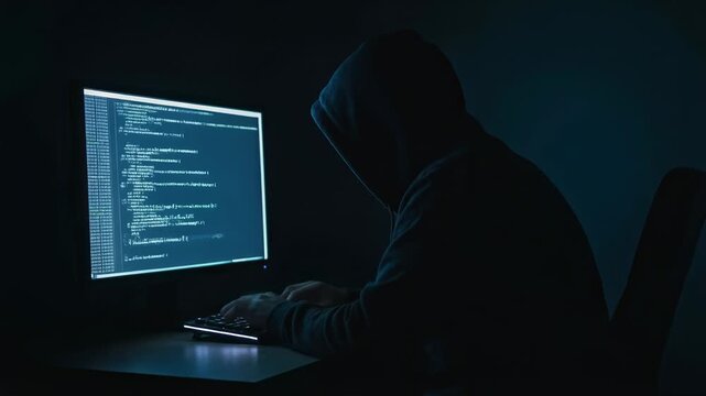 Mysterious hacker coding in dark room, computer screen with programming code, cybersecurity concept