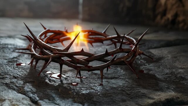 Realistic depiction of a thorny crown on a dark stone surface, symbolizing sacrifice and suffering