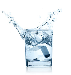 Falling Ice Cubes into the Glass of Water with splash, isolated on white background with natural reflection and shadows