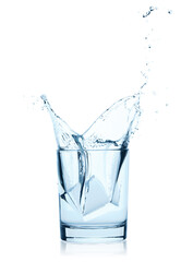 Falling Ice Cubes into the Glass of Water with splash, isolated on white background with natural reflection and shadows