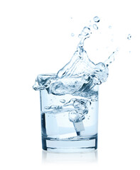 Falling Ice Cubes into the Glass of Water with splash, isolated on white background with natural reflection and shadows