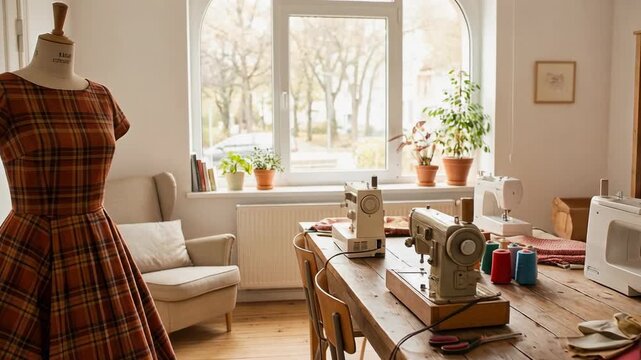 Charming sewing room with vintage sewing machines and stylish dress in a cozy atmosphere