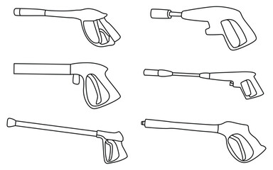 Black Pressure Washer Gun Icons Collection, Spray Nozzle and Faucet Cleaning Equipment Silhouette