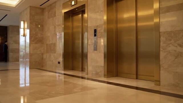 A modern lobby with golden elevators reflecting light and polished marble flooring