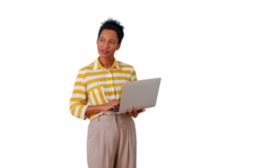 African american businesswoman holding laptop, looking away while thinking and working. Transparent background for easy integration