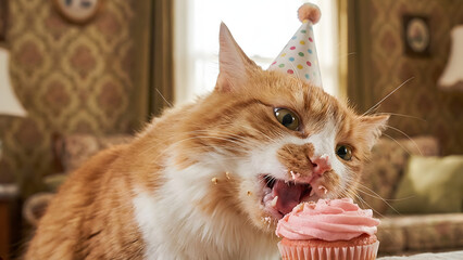 Orange cat eagerly eats pink birthday cupcake wearing hat