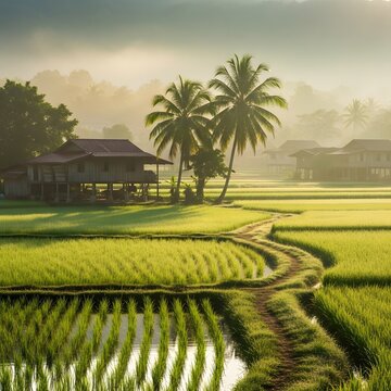 Lush Paddy Fields with Kampung Houses at Sunrise