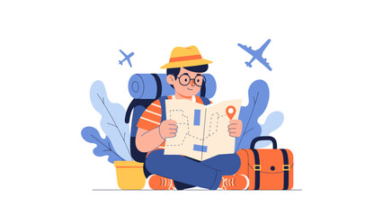 Young traveler with backpack reading a map while sitting on the ground at an