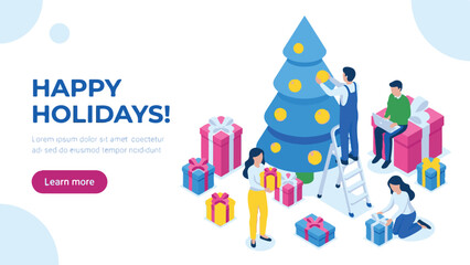 Obraz premium Happy Holidays festive isometric illustration with people and Christmas gifts