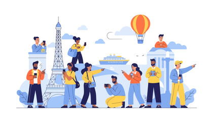 busy tourists exploring iconic landmarks with mobile devices and sightseeing