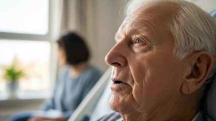 A Thoughtful Elderly Man Reflects While Sitting in a Sunny Room with a Woman in the Background, Evoking Themes of Care and Companionship