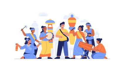 Vibrant cultural festival with diverse musicians and performers lively outdoor