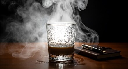 Aromatic coffee in textured glass with smoke and elegant writing tools