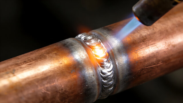 accuser. Extreme close-up of copper pipe joint with molten silver brazing. safety posters, maintenance manuals, designed for precision metalworking and fabrication facilities.