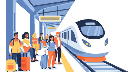 busy train station with diverse passengers waiting for departure during daytime