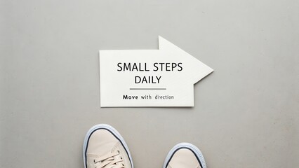 Paper arrow pointing to small steps daily quote near shoes