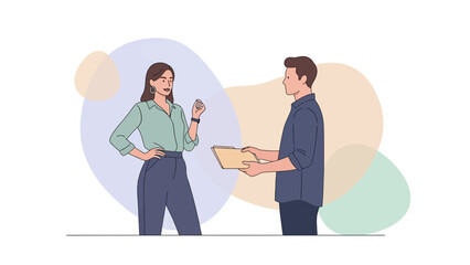 Professional Job Interview Scene with Woman and Man Discussing in Office Setting