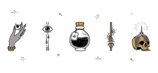 A mystical arrangement of a hand eyes potion wand and skull