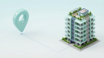 Modern 3D apartment building with location pin and dashed route line