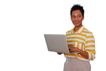 Black business woman using laptop, typing on keyboard, smiling confidently, working with technology, isolated with a transparent background