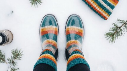 Top view of legs in clear boots and striped socks standing on white snow