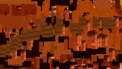 Abstract 3D wooden texture background with overlapping brown timber planks and glitch effects.