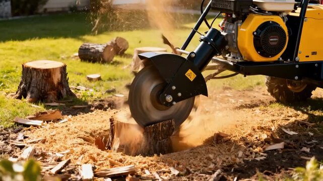Versatile stump removal equipment working steadily on a residential lot transforming the yard by grinding stump residues.