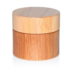 Wooden cosmetic cream jar isolated white background with natural reflection and shadows