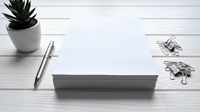 Clean workspace with blank paper stack pen succulent plant and office supplies perfect for creative projects business concepts or marketing mockups