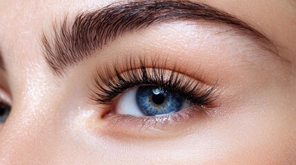 Obraz premium A close-up of a woman's eye with long, thick eyelashes and blue eyes.