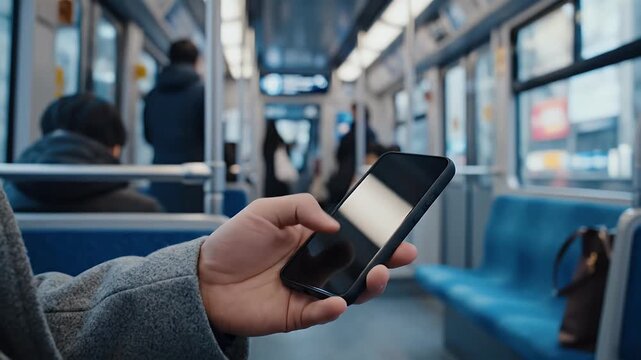 Commuter using smartphone on public transportation - a modern lifestyle concept showcasing connectivity and mobile technology during daily travel - Powered by Adobe