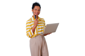 Happy black woman holding credit card and laptop, contemplating online shopping or payment with transparent background