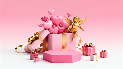 Golden cupid figurine emerging from a pink gift box filled with hearts, surrounded by smaller presents and ribbons on a soft pink background.