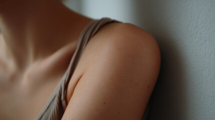 Close up focus on upper arm showing natural healthy texture and smooth skin tone with soft lighting and neutral background for skincare concept