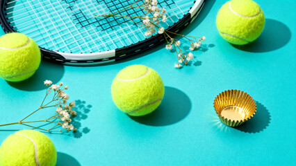 Tennis balls, racket, and decorative elements arranged on a bright blue surface