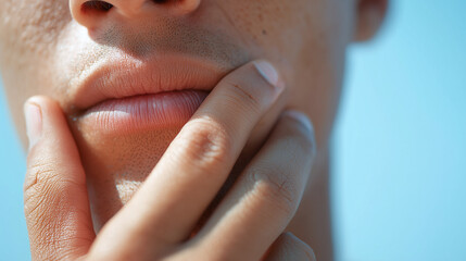 Naklejka premium Close up of fingertips resting on jaw with detailed skin texture and natural light, showing contemplative mood and soft focus on lips and facial features