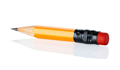 Short pencil on white background close-up, school and office supplies concept with natural reflection and shadows