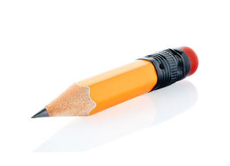 Short pencil on white background close-up, school and office supplies concept with natural reflection and shadows